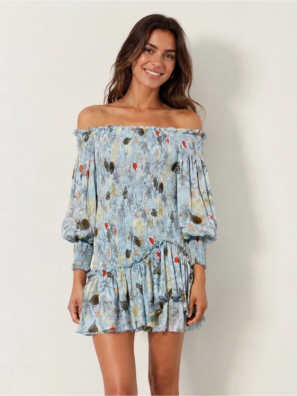 Alexis Off the Shoulder Smocked Mini Dress Gemina Blue Floral Print Sz Large